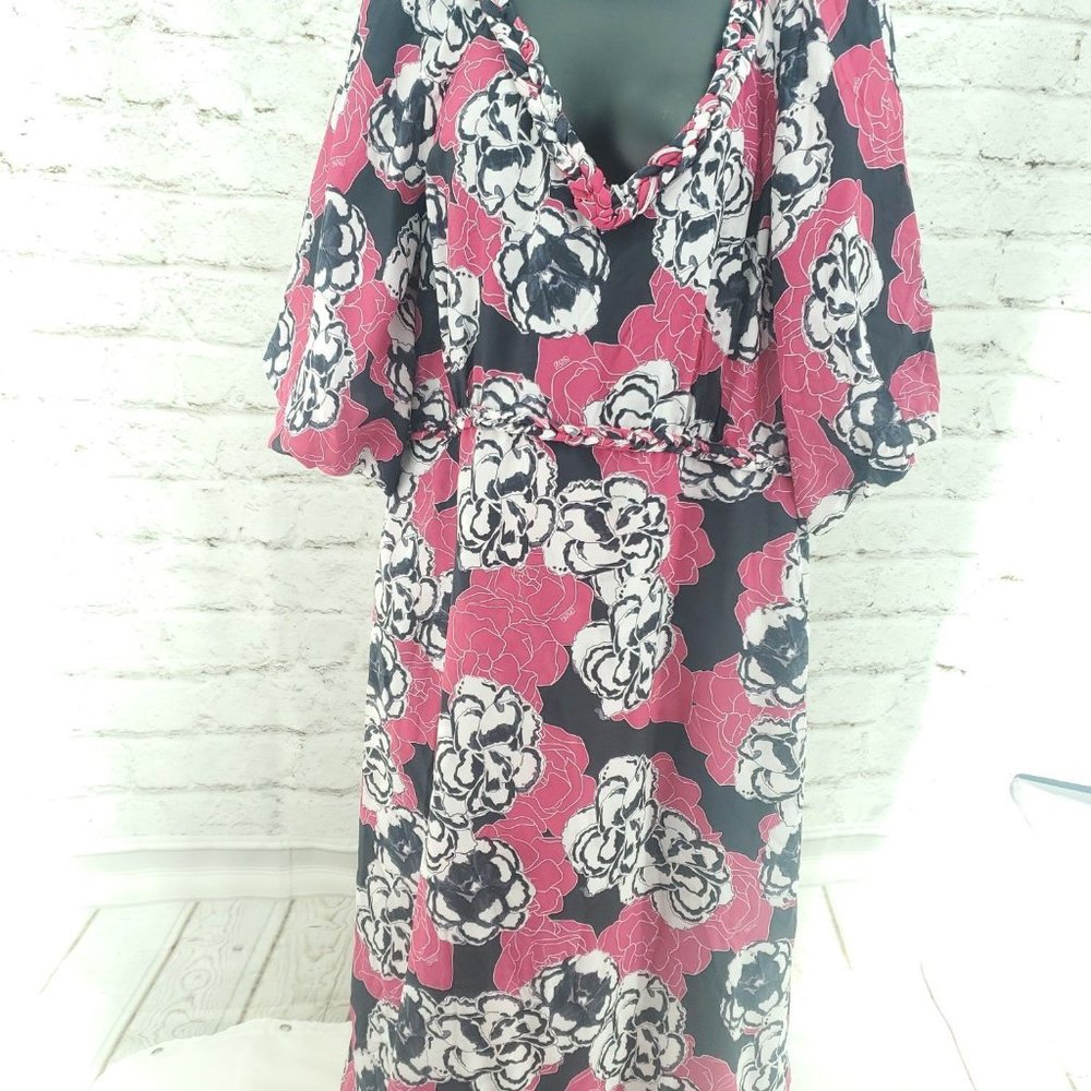 Dyvna Womens Pink Graphic Flower Semi Sheer 3/4 Sleeve Ruffle Sheath Dre…